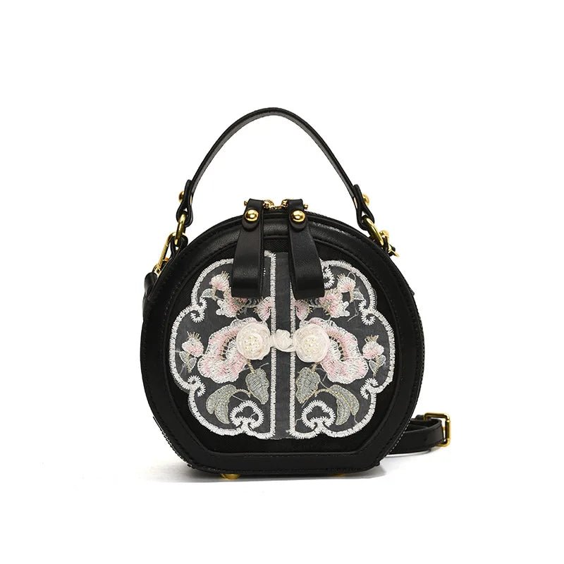 Exquisite Embroidered Floral PU Leather Round Crossbody Tote - Image 4