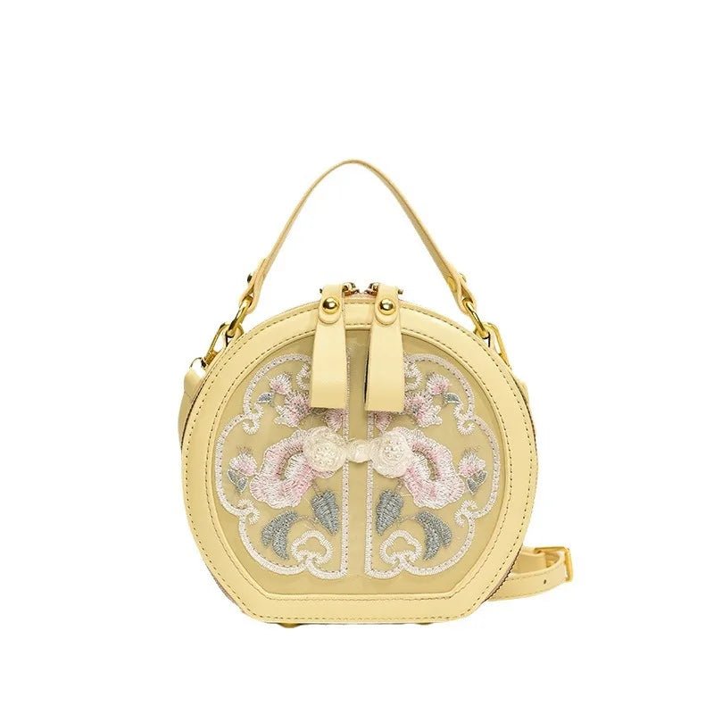 Exquisite Embroidered Floral PU Leather Round Crossbody Tote - Image 2