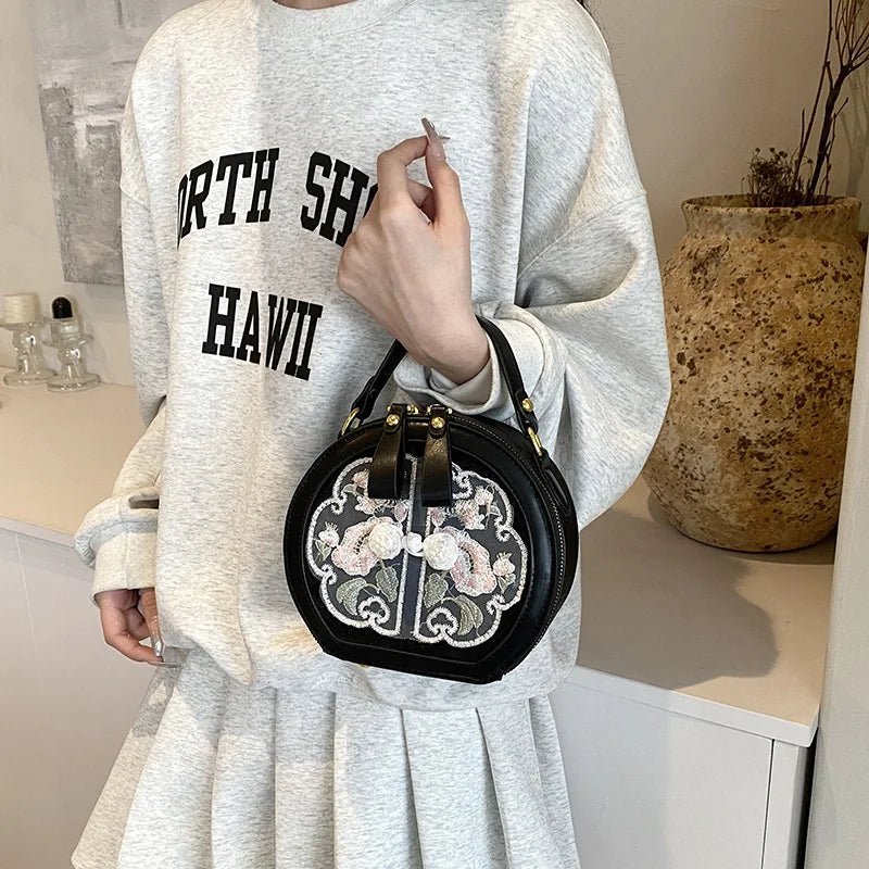Exquisite Embroidered Floral PU Leather Round Crossbody Tote - Image 6