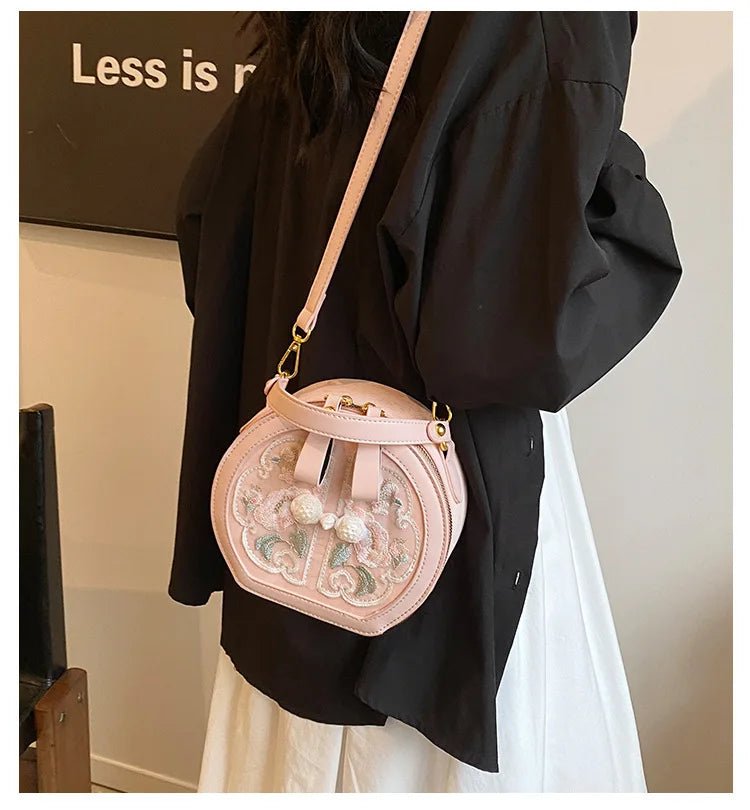 Exquisite Embroidered Floral PU Leather Round Crossbody Tote - Image 7
