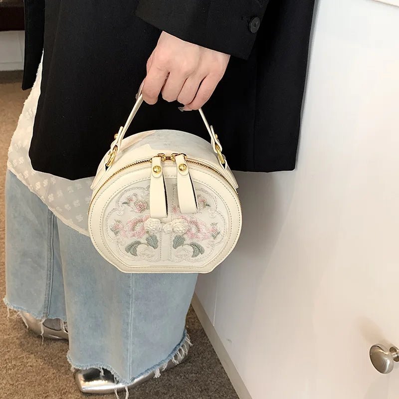 Exquisite Embroidered Floral PU Leather Round Crossbody Tote - Image 8