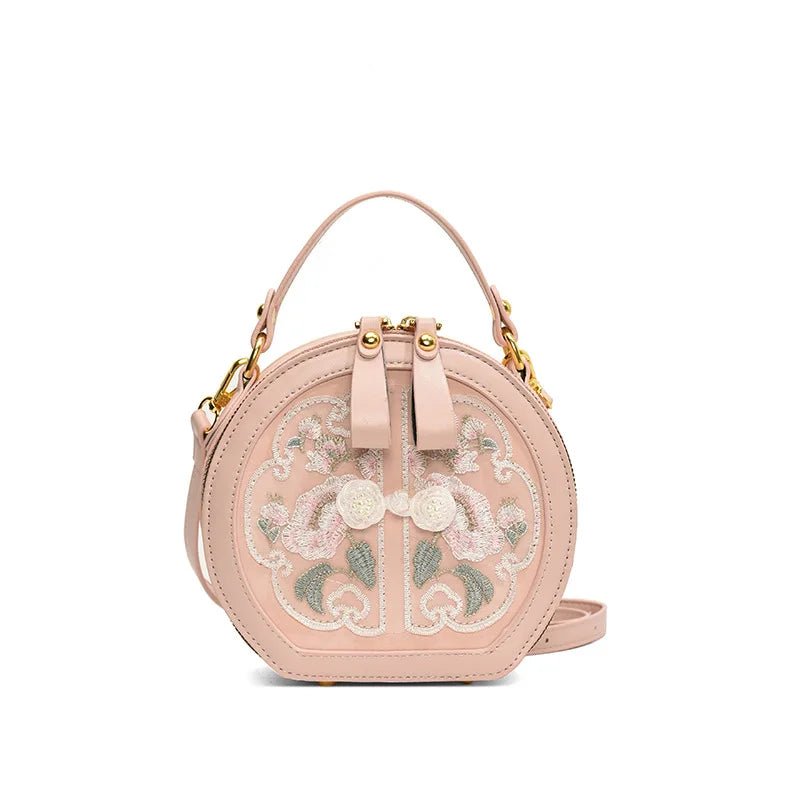 Exquisite Embroidered Floral PU Leather Round Crossbody Tote - Image 3