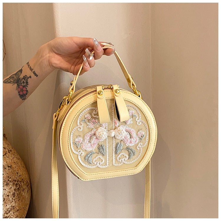 Exquisite Embroidered Floral PU Leather Round Crossbody Tote - Image 11